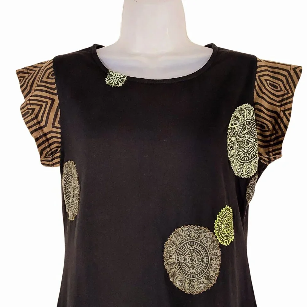 Adria Mode Organic Cotton Black w Mandalas Short Sleeve A-Line Boho Chic Dress M